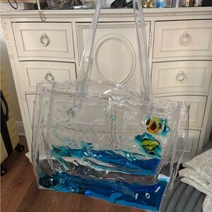 Clear electric bubblegum Bag blue fish Jelly Beach Tote with Blue Accents